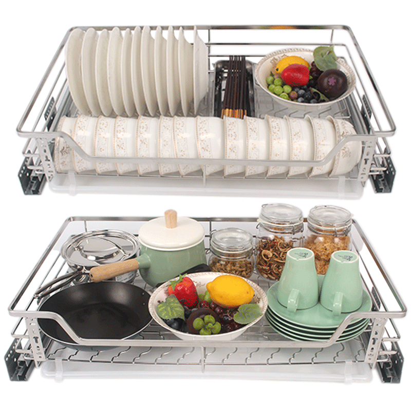 納童（NaTong）拉籃雙層不銹鋼廚房櫥柜抽屜式碗碟籃阻尼廚柜調(diào)味料拉籃304碗架 加深方鋼雙層720柜內(nèi)寬68-70cm