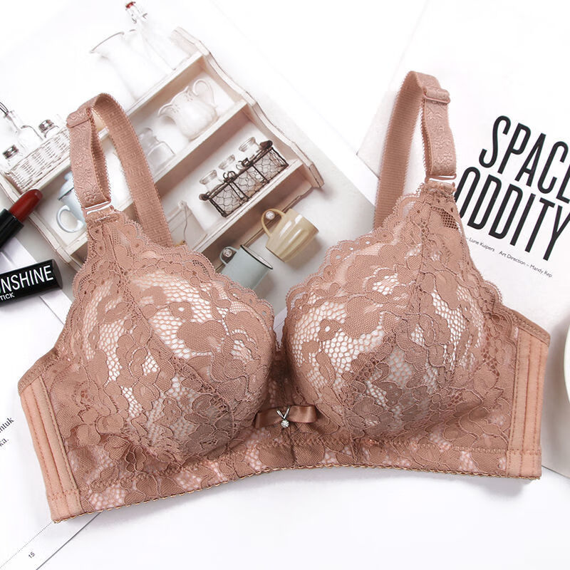 小胸平胸专用内衣女无钢圈聚拢文胸蕾丝性感杯特厚胸罩 卡其 34b/75b