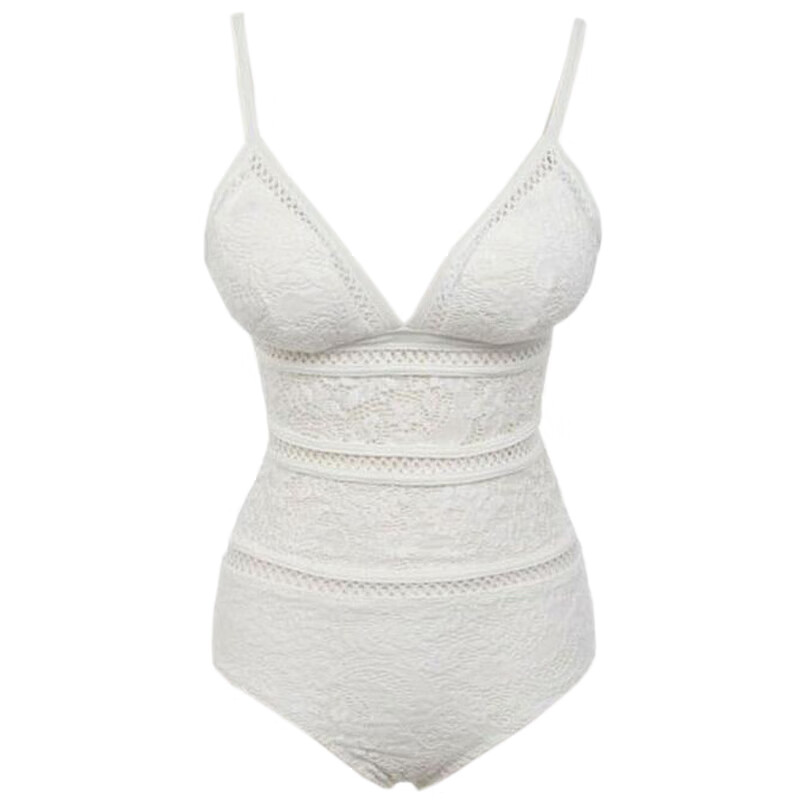 ins韩国网红款白色性感蕾丝吊带遮肚连体泳衣女大小胸聚拢比基尼 白色