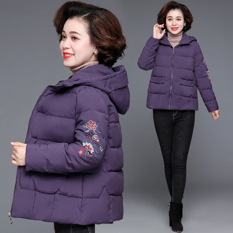 乐卉小个子妈妈短款棉袄绣花羽绒棉服女中老年人秋冬装棉衣外套40岁50