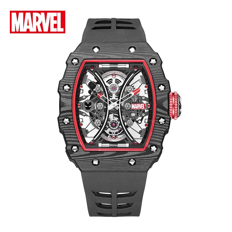 漫威(marvel)手表男机械表全自动镂空学生运动酒桶型品牌国表 黑色氟