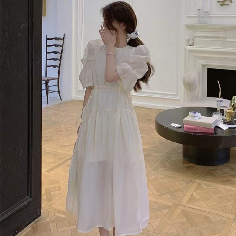 夏季新款韩系裙子设计感系带收腰显瘦圆领纯色雪纺泡泡袖连衣裙 白色