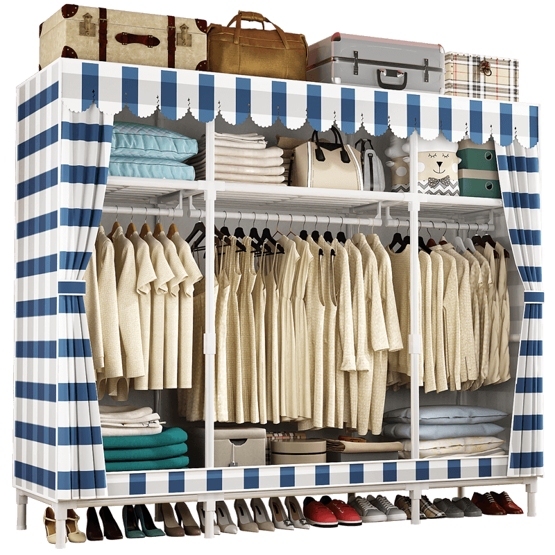 家丽人 简易衣柜1.5米布衣柜全钢架卧室家用衣柜宿舍单人双人便携衣柜加粗钢管落地衣橱