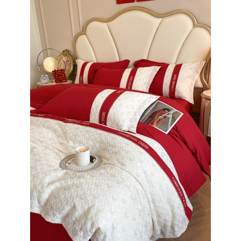 时尚婚庆四件套大红色床单被套纯棉全棉结婚床上用品 玛奇朵---红色