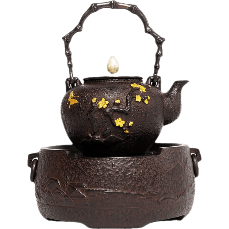 伊藤松秀鐵壺日本茶壺原裝進(jìn)口煮茶器無(wú)涂層砂鑄鐵壺煮茶爐泡茶器煮茶壺 金梅謙竹-煙波千里套裝