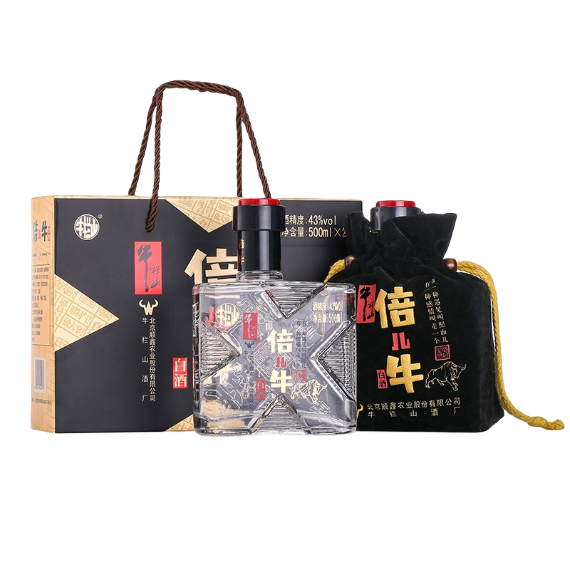 牛栏山二锅头酒 43度 倍儿牛 清香风格 白酒 43%vol 500mL 2瓶 礼盒装