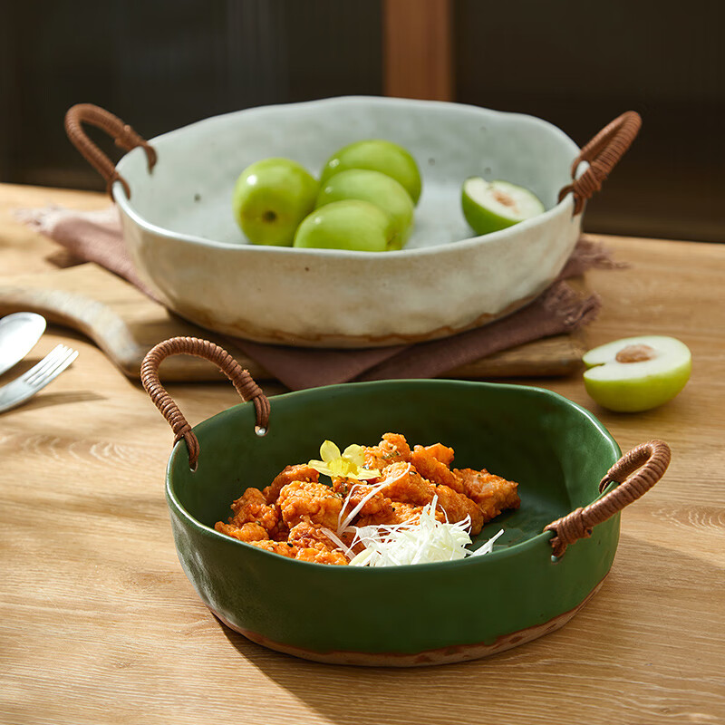 麻绳双耳深盘子菜盘北欧风家用创意网红汤盘感日式圆形大号 果盘大白