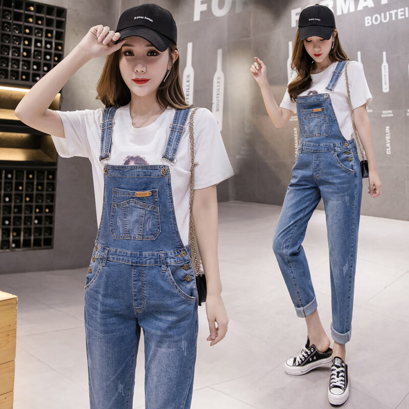 乐漫咪春夏款背带裤女小个子修身吊带裤牛仔裤韩版宽松显瘦磨破新款