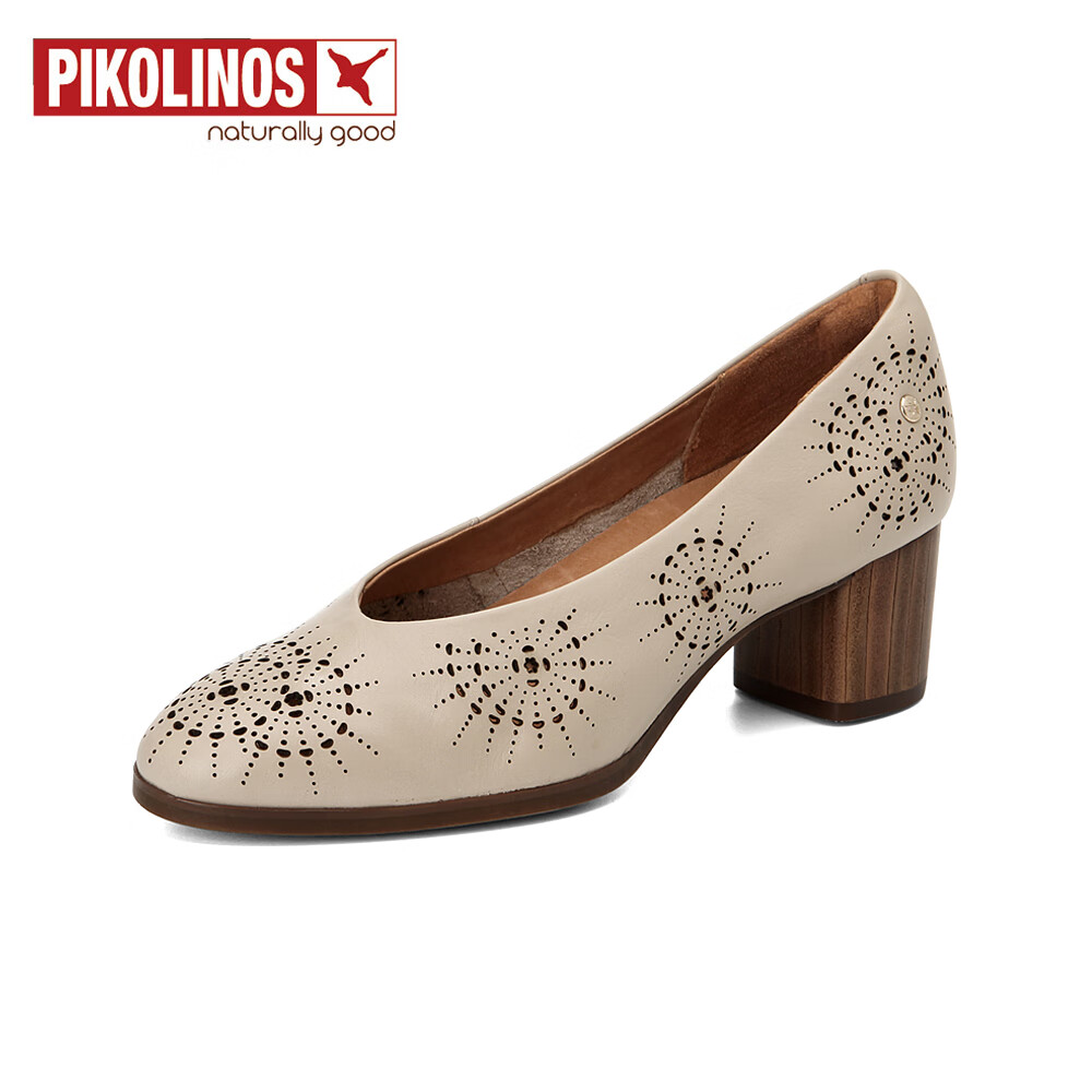 pikolinos派高雁秋季牛皮浅口套脚镂空高粗跟圆头鞋pl225203 米白色