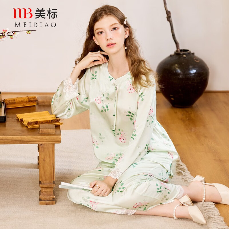 美标商场同款送礼物长袖真丝睡衣女春秋重磅桑蚕丝中国风丝绸家居服夏 淡绿 L (165/88A)