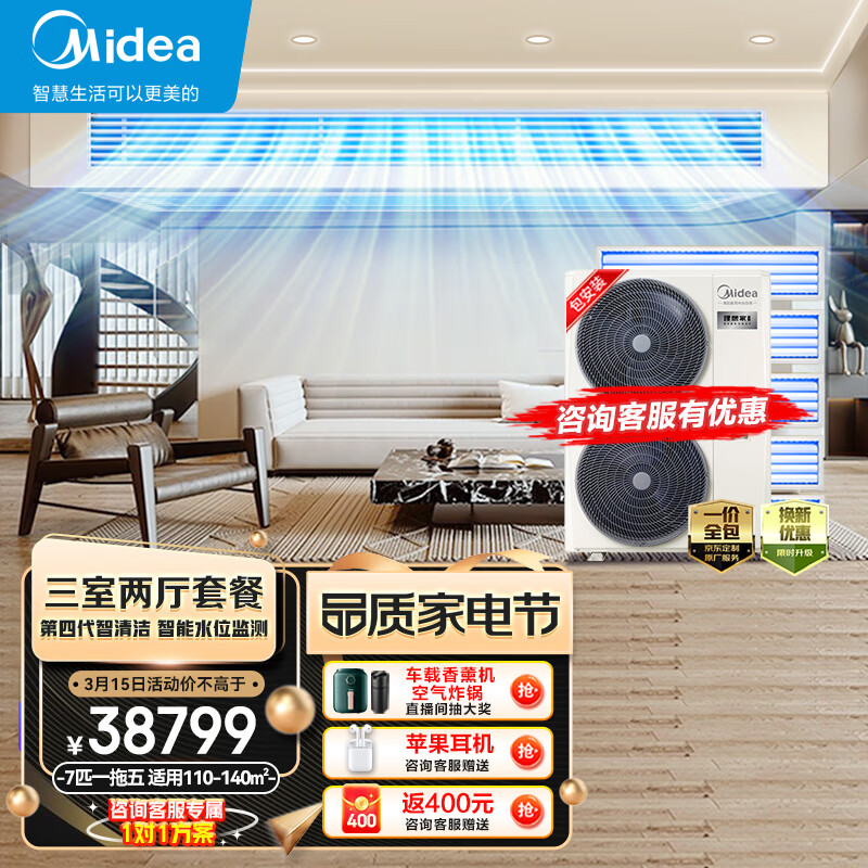 美的(Midea)中央空调小多联机理想家三代7匹一拖五嵌入式空调快速冷暖智能清洁一级能效MJV-180W-E01-LXⅢ