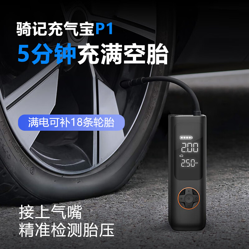 骑记车载充气泵汽车打气泵自行车打气筒车胎充气泵胎压监测充气宝p1