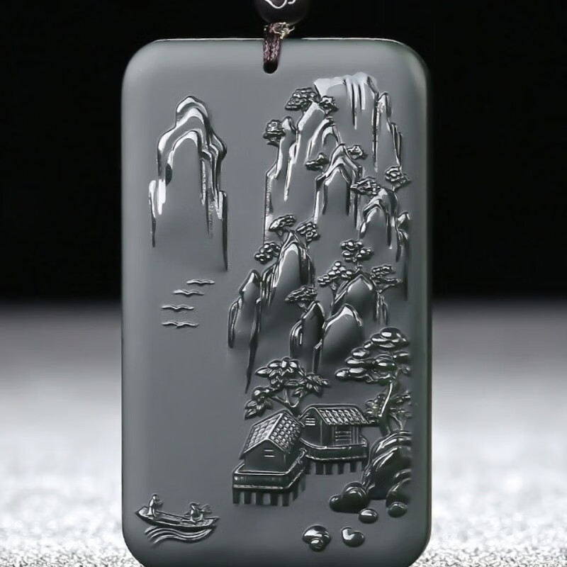 春龙新疆和田玉山水牌玉石吊坠男女款方形塔青山水挂件玉牌子玉佩挂坠