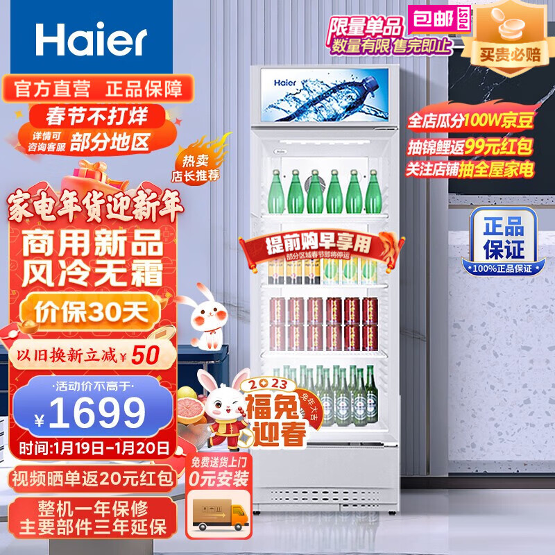 海尔（Haier）展示柜280升风冷双层门防凝露冰柜 商用冷藏饮料冷柜SC-288DS 白色