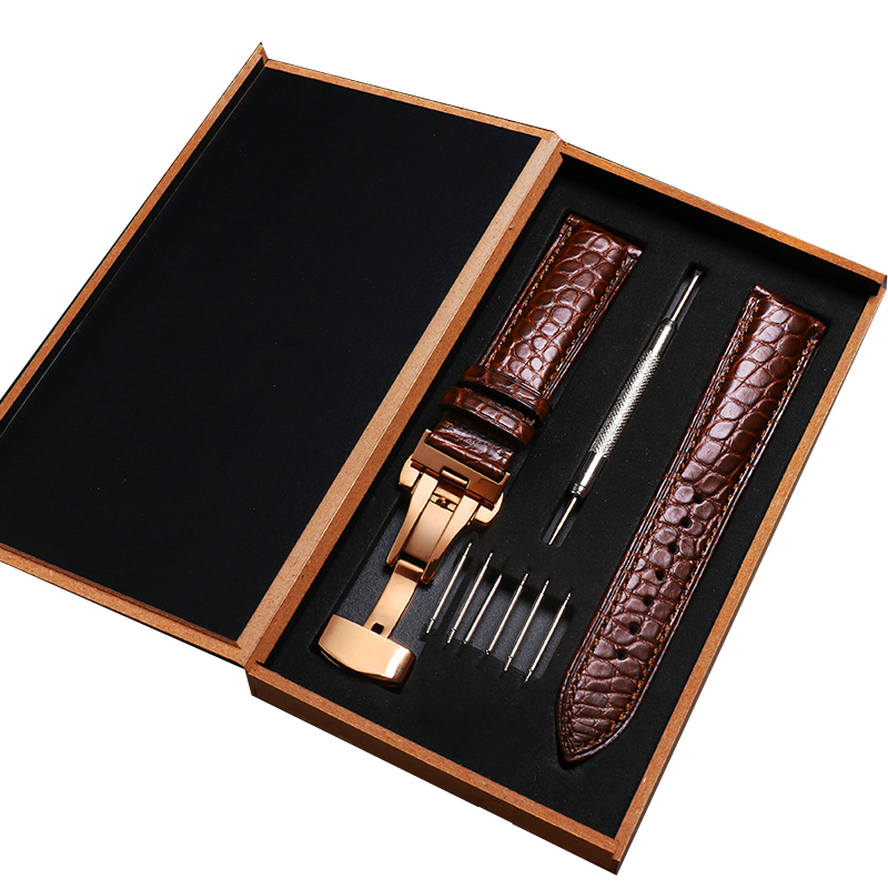 寶燦鱷魚皮表帶男女通用超薄圓紋手表鏈真皮適用天梭浪琴阿瑪尼美度等 玫瑰金蝴蝶扣-鱷魚皮棕色 23mm