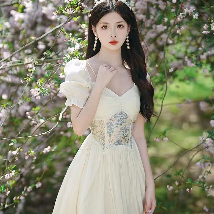 lrck小个子中袖连衣裙夏季气质半袖女装法式浪漫复古显瘦仙气超仙森系