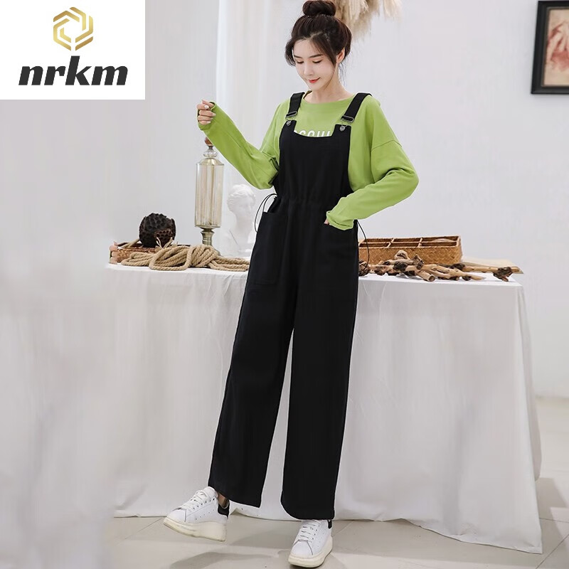 NRKM女士连体裤秋韩版宽松森女系小个子减龄显瘦高腰连体阔腿裤子C13 黑色背带裤单件款 S怎么看?
