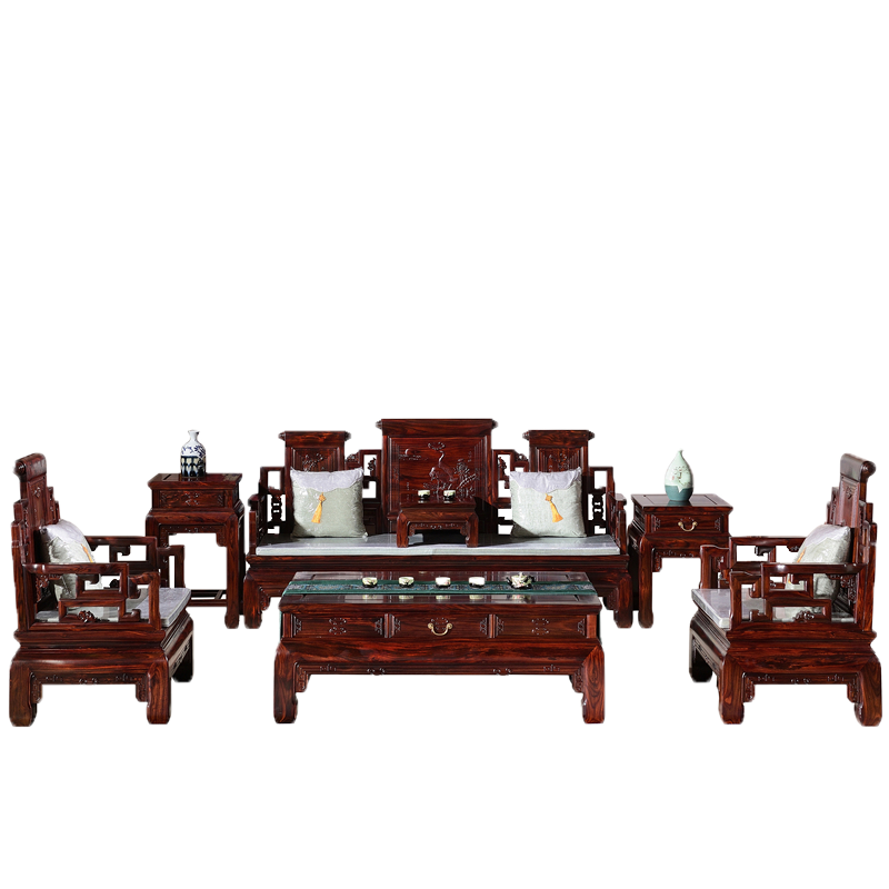 质木匠 红木家具印尼黑酸枝(学名:阔叶黄檀)卷书沙发中式仿古实木宝座沙发组合家用古典高端客厅家具 沙发113组合七件套 组合