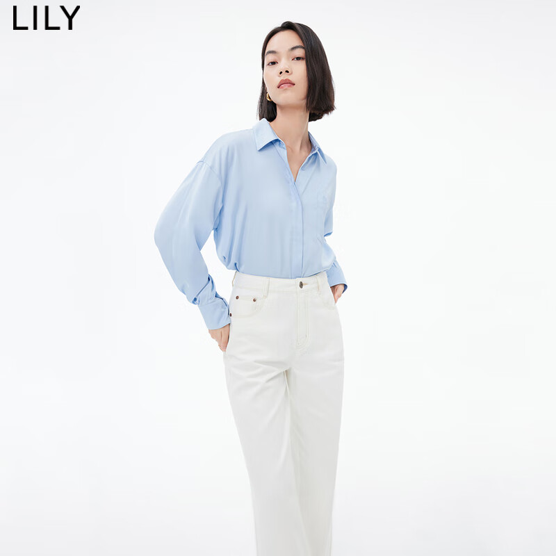 LILY2023秋新款女装含醋酸都市通勤气质宽松休闲垂坠感长袖衬衫女 417海水蓝 XL