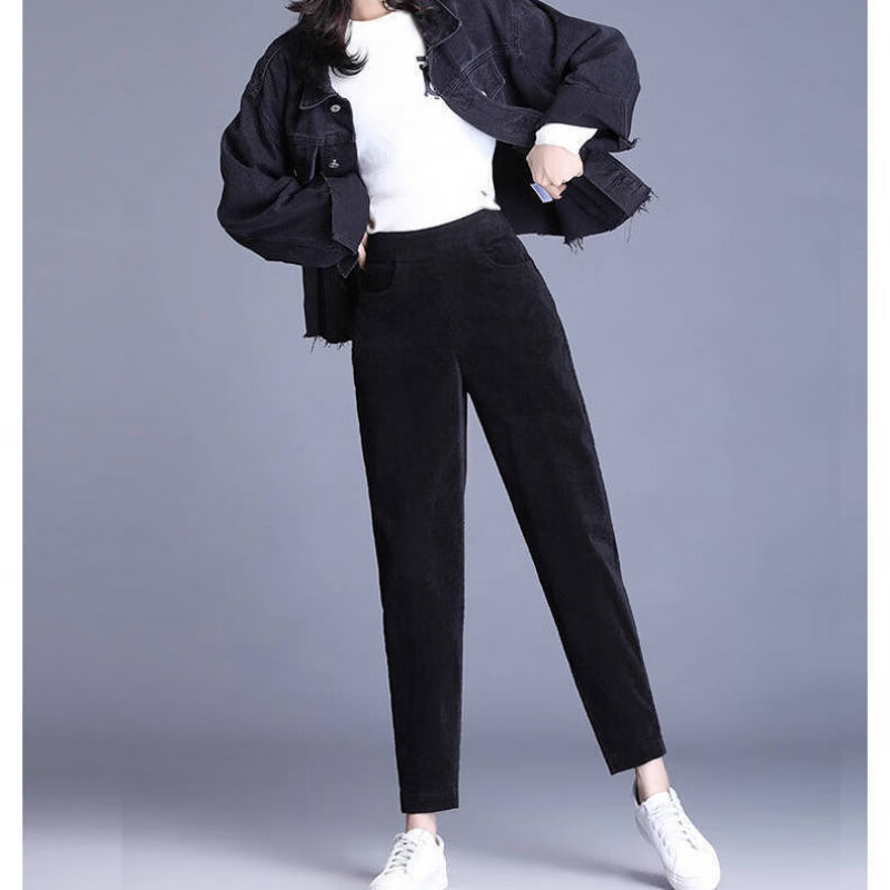 秋冬灯芯绒女加绒加厚小脚裤女装学生高腰显瘦裤子女 黑色不加绒单件