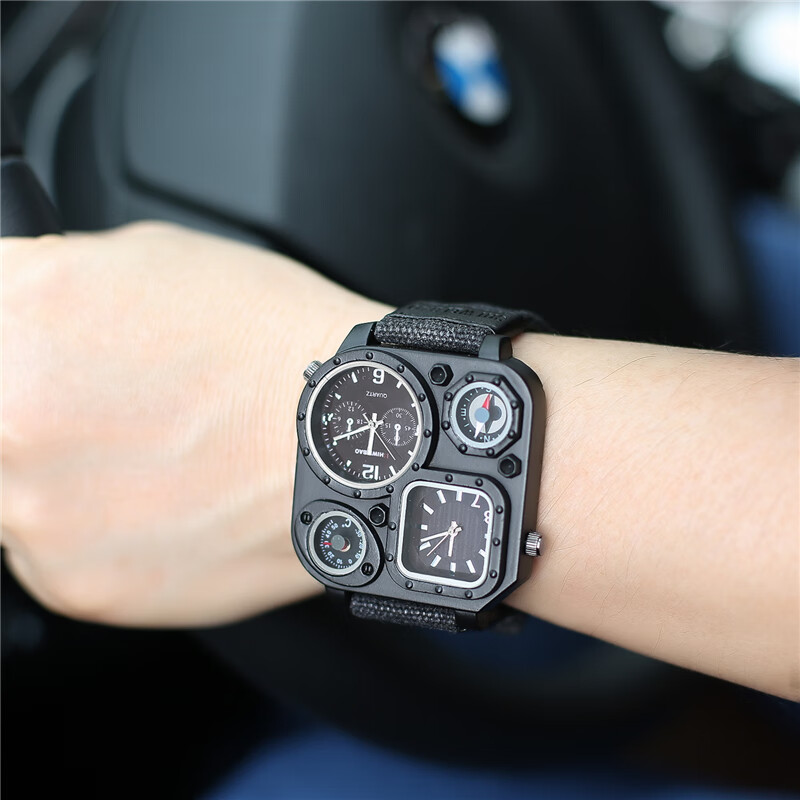 维榕时威堡大块设计潮牌帆布手表户外方形指南针军表美式战术潮表黑色