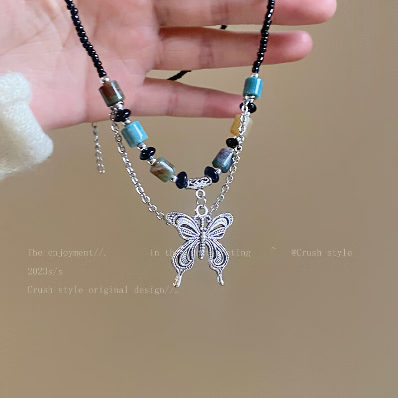 串珠项链女ins嘻哈潮酷辣妹配饰民族风复古装饰锁骨链 蝴蝶流苏项链