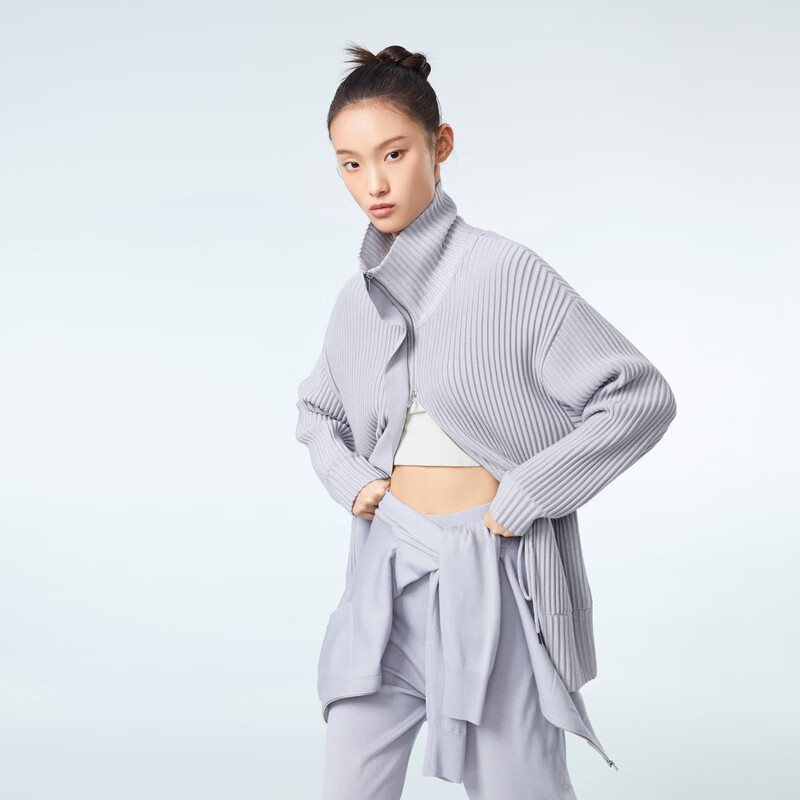 OVV【高级运动系列】2023春夏新款女装丝毛混纺立领针织外套 紫灰净色05 L
