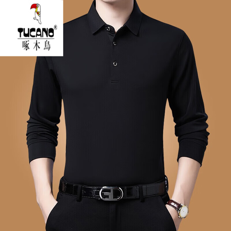 啄木鸟(TUCANO)中年男士长袖T恤翻领棉POLO保罗衫爸爸秋装宽松打底衫休闲 P18--黑色XH 175/XL建议140-155斤