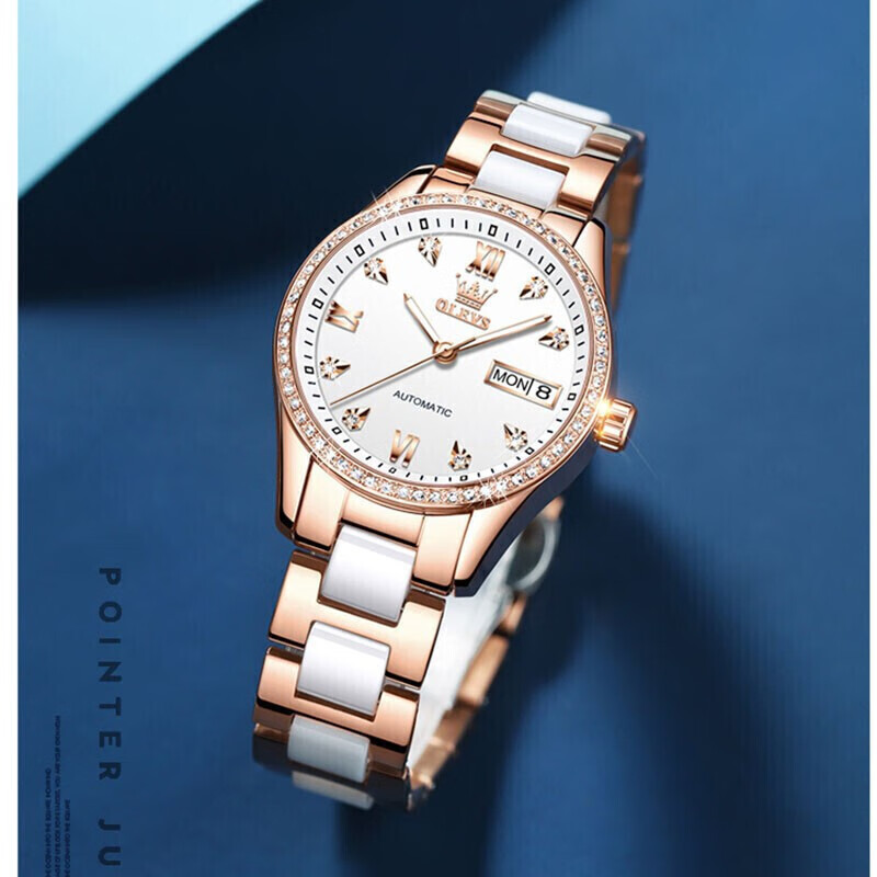 欧利时（OLEVS）瑞士认证手表女士全自动机械表女表防水夜光时尚镶钻商务女士手表 升级版6637陶瓷玫壳红面免费刻字