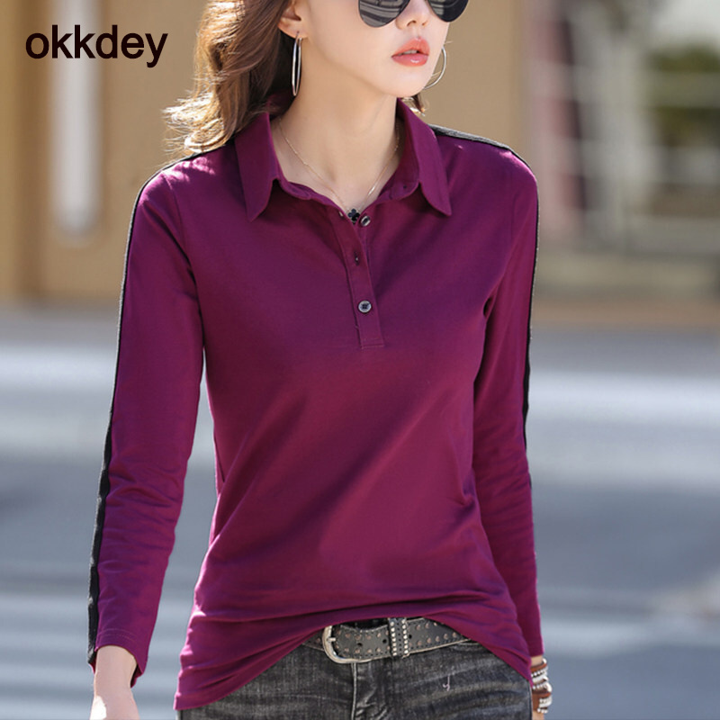 翻领polo衫女装宽松长袖t恤女春秋新款气质优雅打底衫上衣服 葡萄紫 s