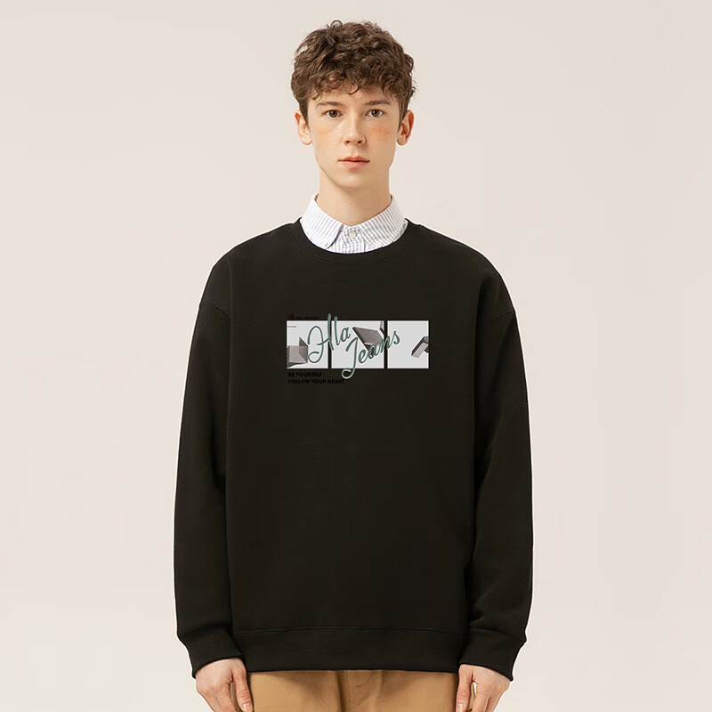 黑鲸海澜之家旗下潮牌运动卫衣男冬季圆领加厚带绒防寒上衣 黑色 XL