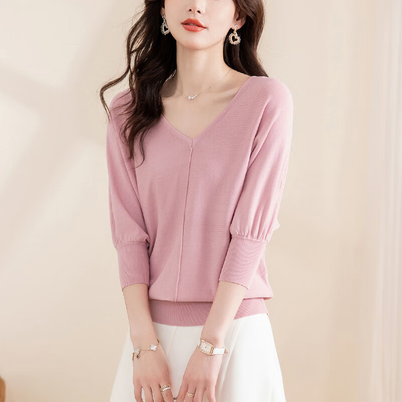 香影芬v领中袖针织衫女上衣薄款半袖t恤夏季新款女装洋气蝙蝠衫 粉色