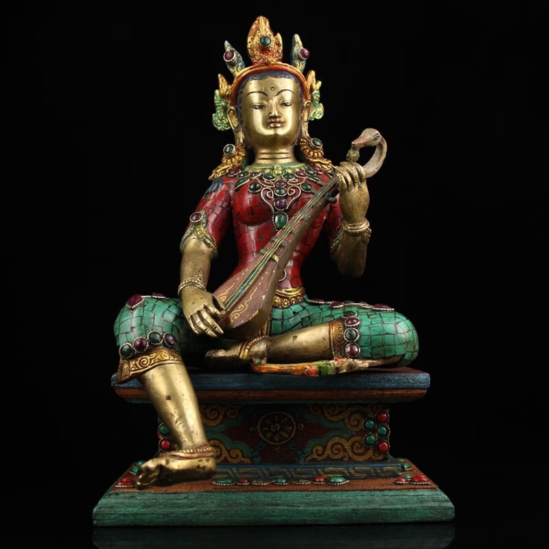黄铜彩绘妙音天女铜像摆件尼泊尔手工镶嵌绿松石妙音观音妙音天母供奉