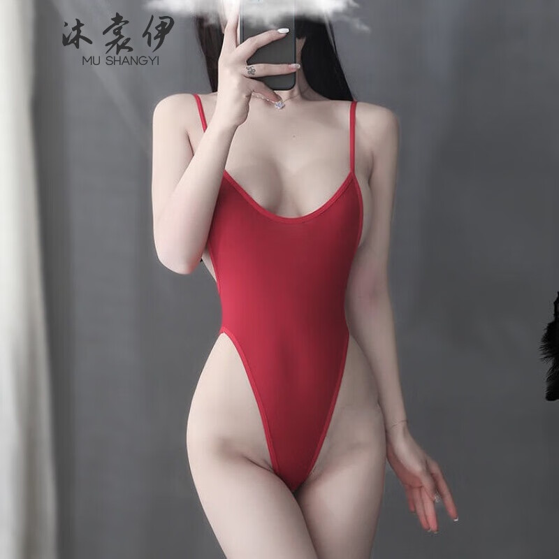 女死库水连体开档免脱透明冰丝泳衣性感套装 酒红色 均码80-130斤