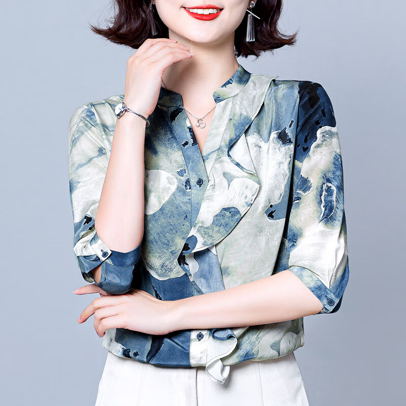 沣宁中年夏装时尚碎花雪纺衬衫女士遮肚子上衣中袖七分袖洋气小衫