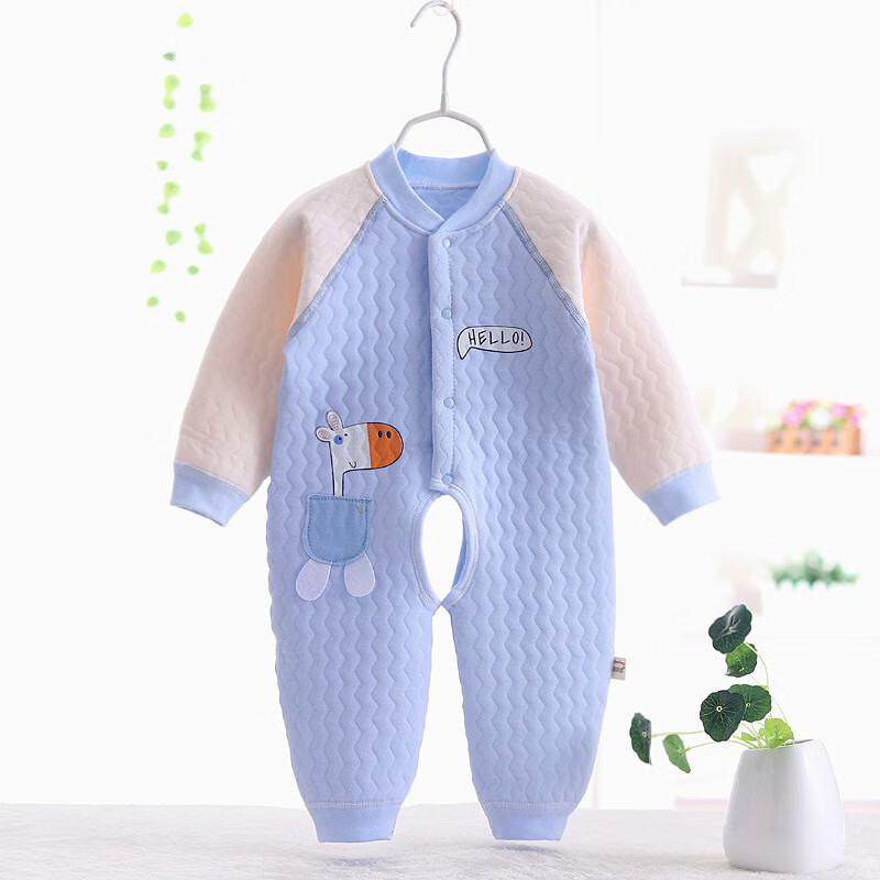 婴儿衣服秋冬棉三层保暖衣无骨工艺宝宝加厚爬服 小鹿开裆蓝色 尺码偏
