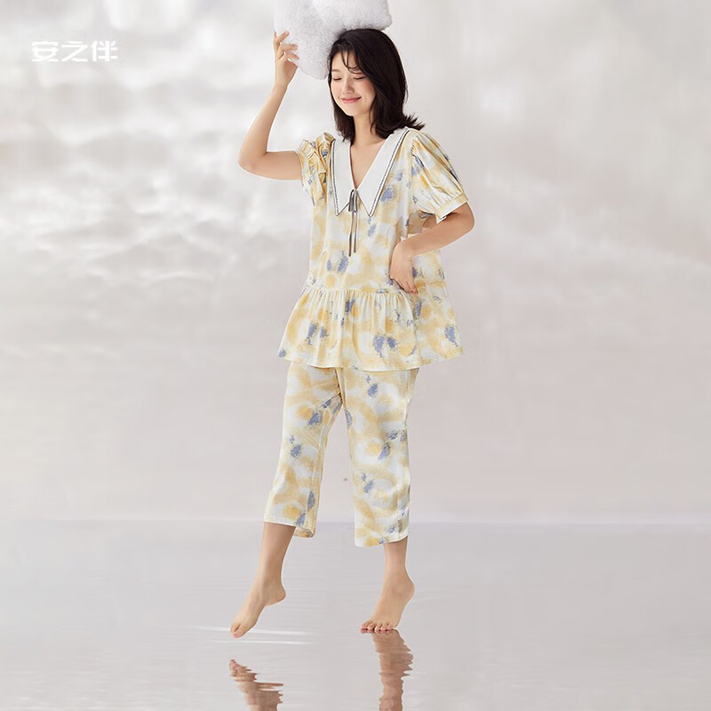 安之伴睡衣女夏季薄款清爽透气宽松版柔软舒适亲肤家居服套装 浅黄-女 M