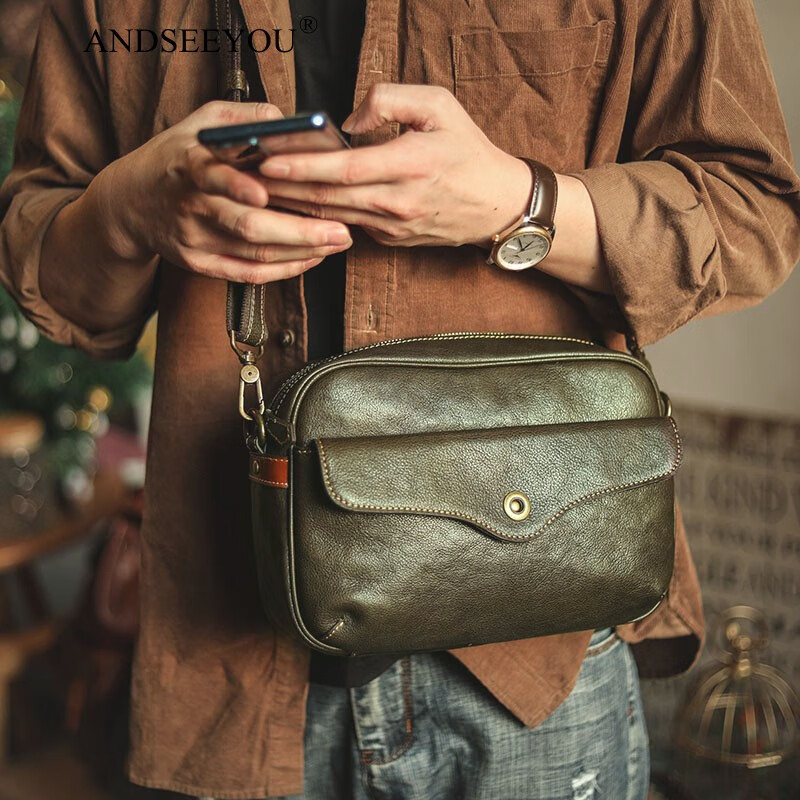 斜挎包男 新款美式复古手工牛皮男士包包单肩斜挎包潮男包 牛油果绿