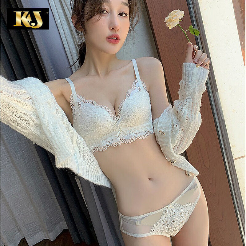 KJ内衣女无钢圈聚拢文胸性感蕾丝上托调整型文胸套装薄杯内衣套装 075神秘黑 85C =38C