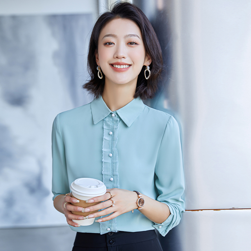 小众长袖上衣职业装女神范设计感韩版通勤女士衬衣时尚小衫 绿色衬衫
