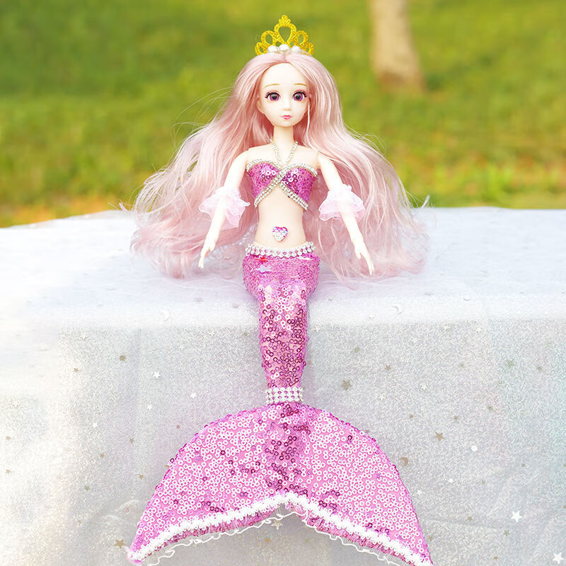 美人鱼公主娃娃创意手工玩偶婚纱儿童仿真女娃玩具生日礼物 粉色人鱼