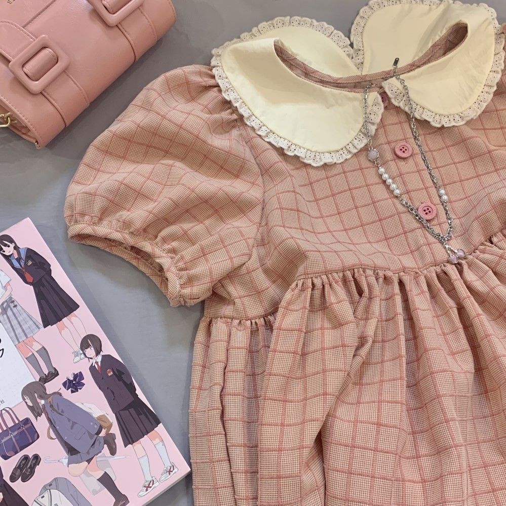 少女夏季花边娃娃领连衣裙显瘦小众甜美 粉色连衣裙 中裙膝盖部位或偏