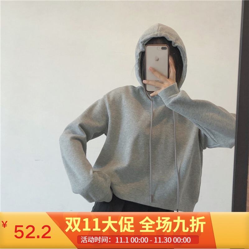一米五小个子女生卫衣短款女春秋薄款韩版高腰短款上衣短装连帽外套