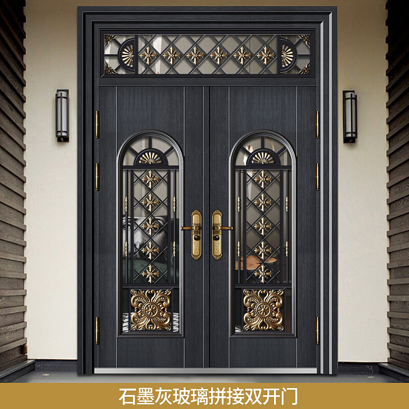 别墅玻璃铜门农村自建房入户门家用进户门 5166_石墨灰圆弧玻璃拼接门