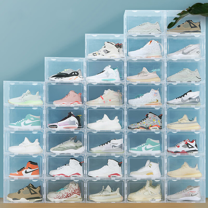 爽居透明鞋盒子籃球收納盒防塵防潮加厚側(cè)開款鞋柜簡易鞋架塑料整理箱 透明特大磁吸款 4個（可放47碼）