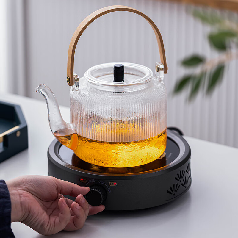 瓷牌茗茶具（cipaiming teaset）壺玻璃煮器紅普洱家用套裝煮壺泡壺透明燒水壺 豎紋海浪明》壺+雅典黑名花電爐