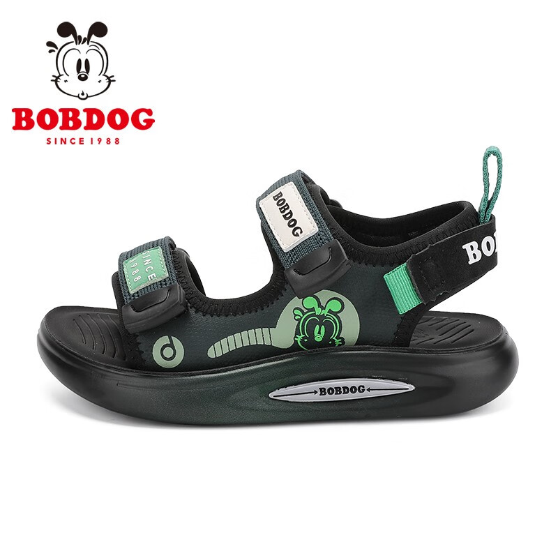 巴布豆(BOBDOG)童鞋女童沙滩鞋夏季新款男童软底百搭凉鞋儿童鞋 黑/湖底绿 32 适合脚长19.5cm