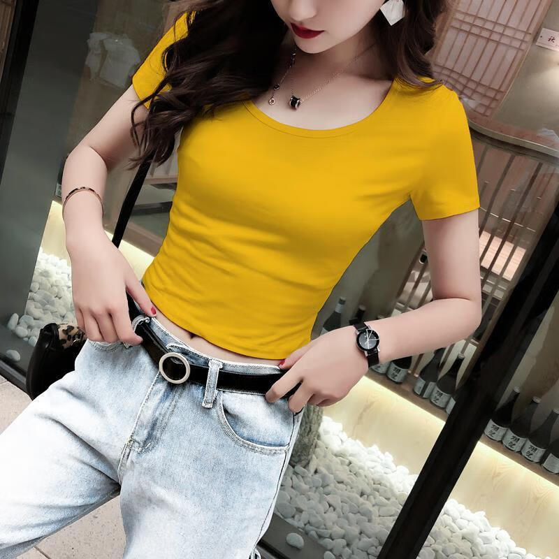 运动短袖t恤女紧身短款上衣瑜珈服漏肚脐高腰心机爵士 大(圆)领黄色 s