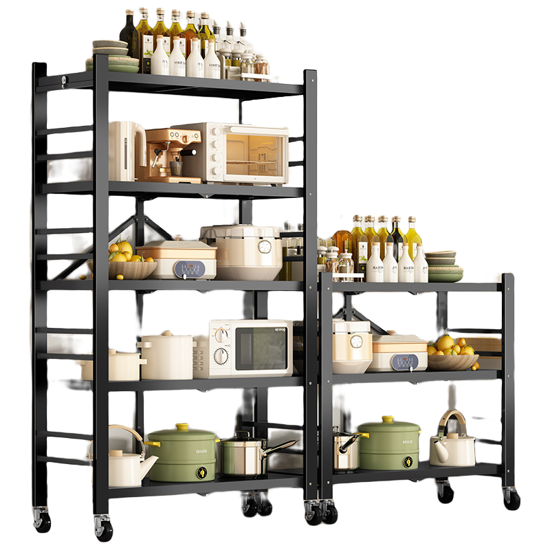 免安装厨房置物架可折叠落地收纳架卫生间可移动架家用微波炉架储物货架烤箱架蔬菜水果推车家用货架 折叠架(升级款)【黑色五层】