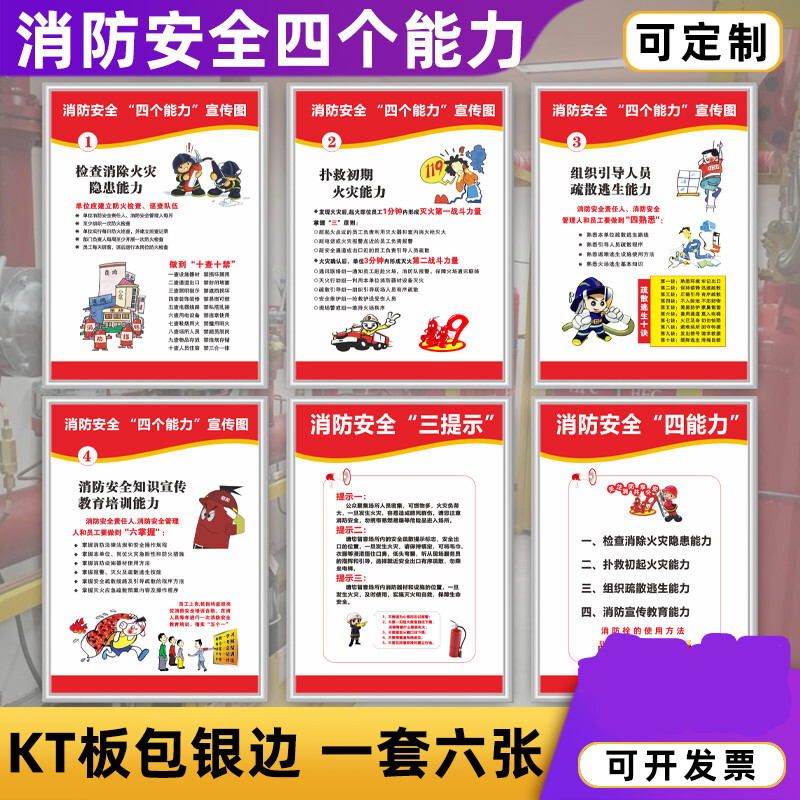 宣传标语标识标志警示牌墙贴定制 消防四能力(kt板包银边 6张) 40x60